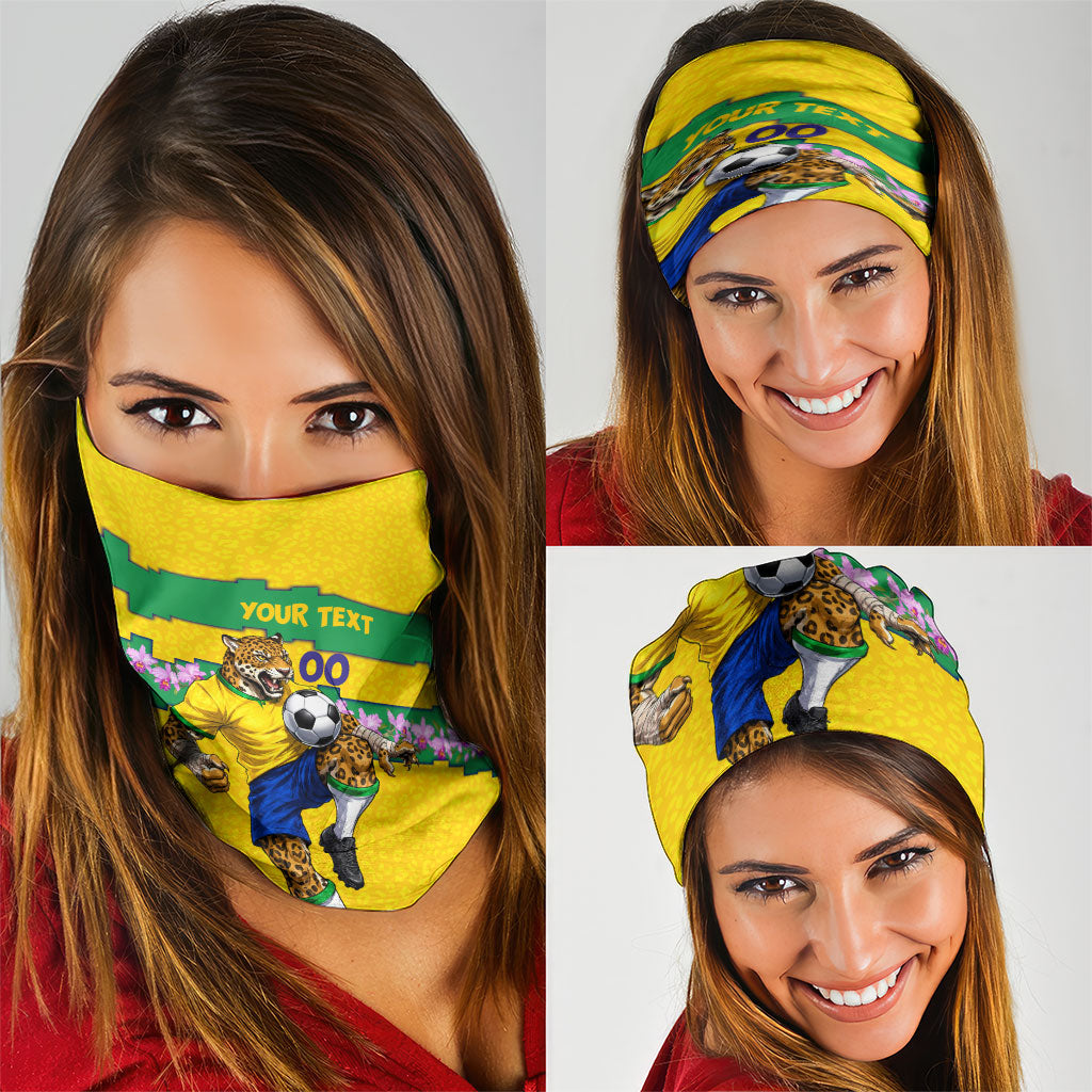 Personalized Brazil Soccer Neck Gaiter Jaguar Football Mascot - National Flag and Floral Accents