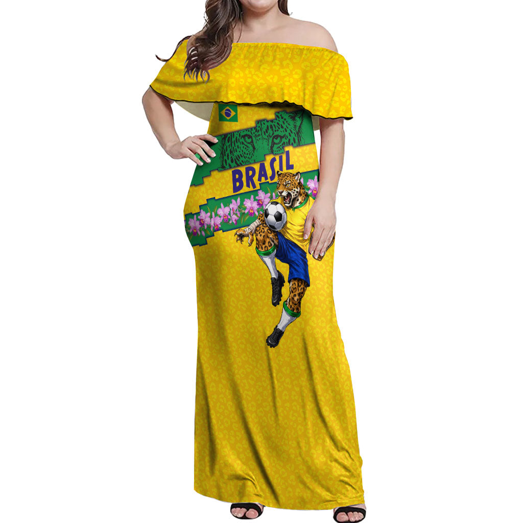 Personalized Brazil Soccer Off Shoulder Maxi Dress Jaguar Football Mascot - National Flag and Floral Accents