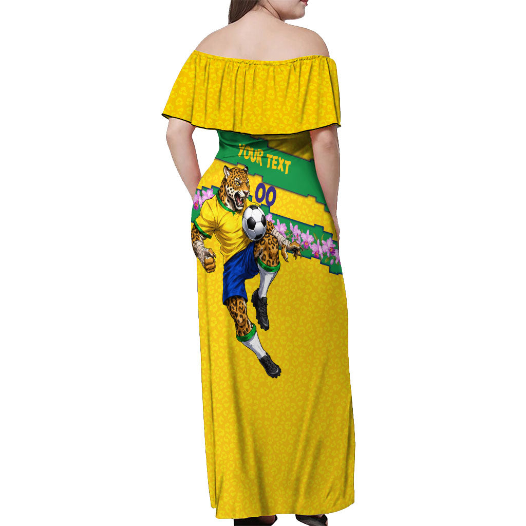 Personalized Brazil Soccer Off Shoulder Maxi Dress Jaguar Football Mascot - National Flag and Floral Accents