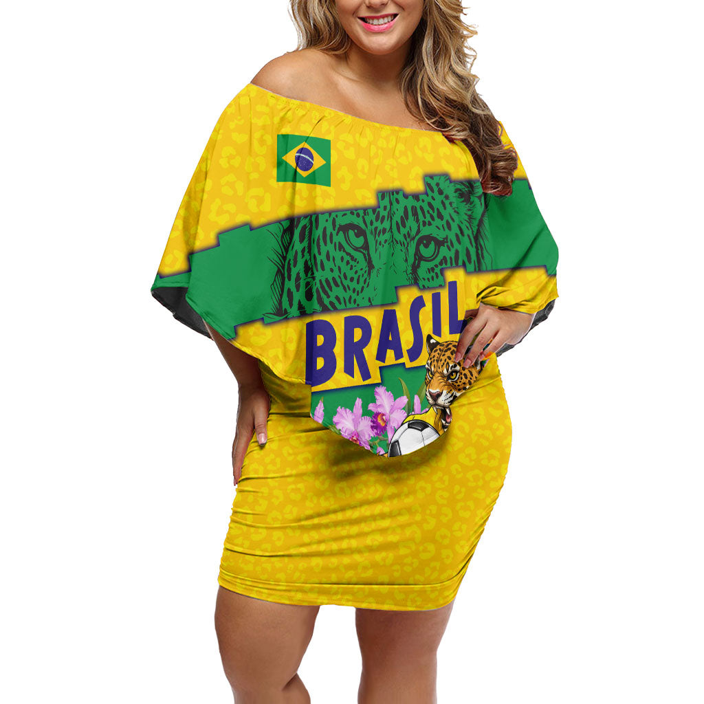 Personalized Brazil Soccer Off Shoulder Short Dress Jaguar Football Mascot - National Flag and Floral Accents