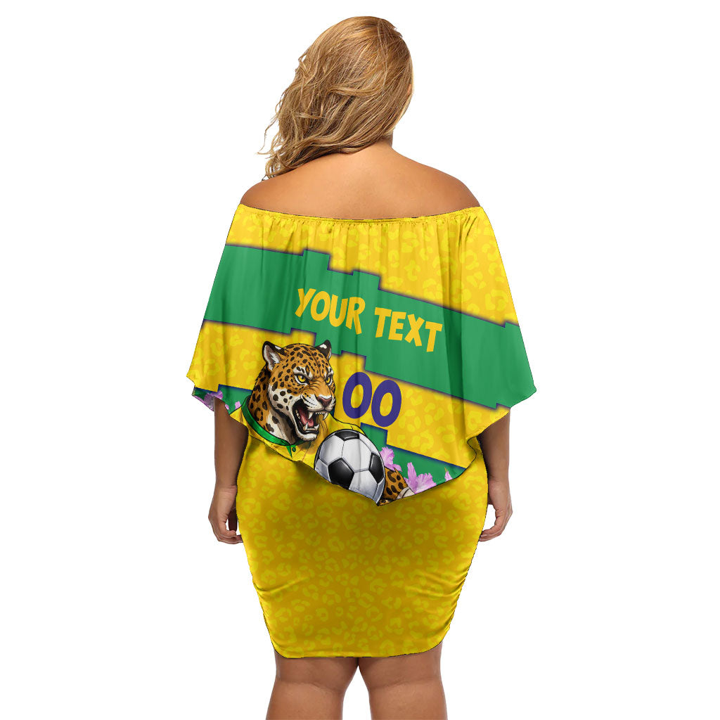 Personalized Brazil Soccer Off Shoulder Short Dress Jaguar Football Mascot - National Flag and Floral Accents