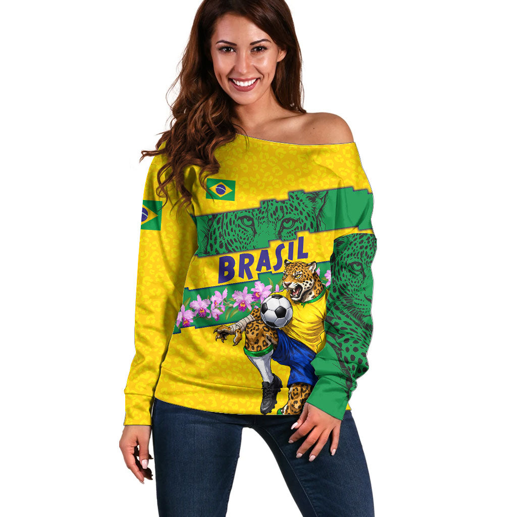 Personalized Brazil Soccer Off Shoulder Sweater Jaguar Football Mascot - National Flag and Floral Accents