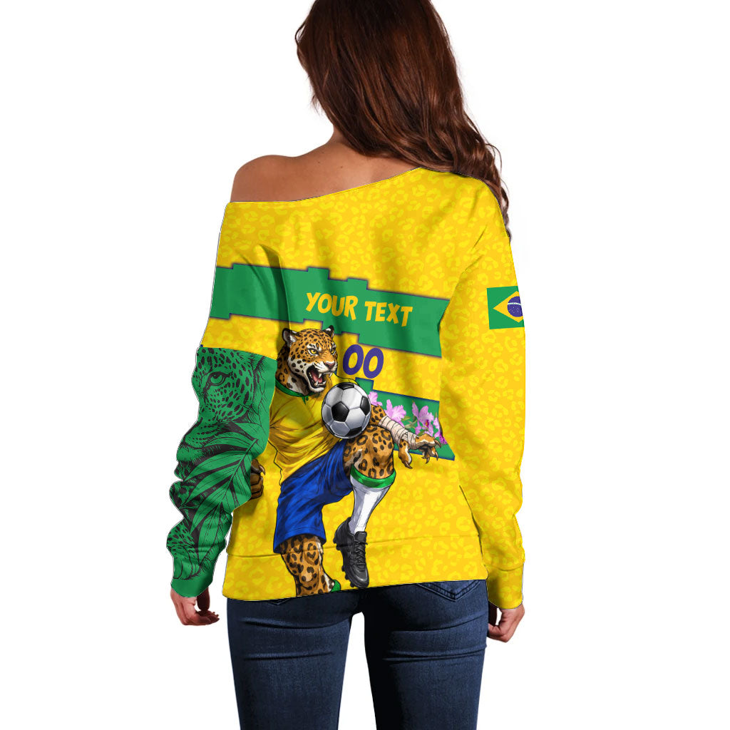 Personalized Brazil Soccer Off Shoulder Sweater Jaguar Football Mascot - National Flag and Floral Accents