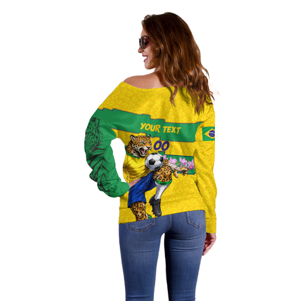 Personalized Brazil Soccer Off Shoulder Sweater Jaguar Football Mascot - National Flag and Floral Accents