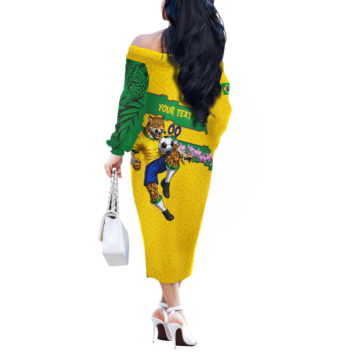 Personalized Brazil Soccer Off The Shoulder Long Sleeve Dress Jaguar Football Mascot - National Flag and Floral Accents