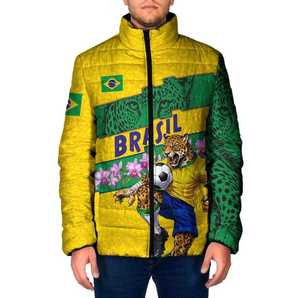 Personalized Brazil Soccer Padded Jacket Jaguar Football Mascot - National Flag and Floral Accents