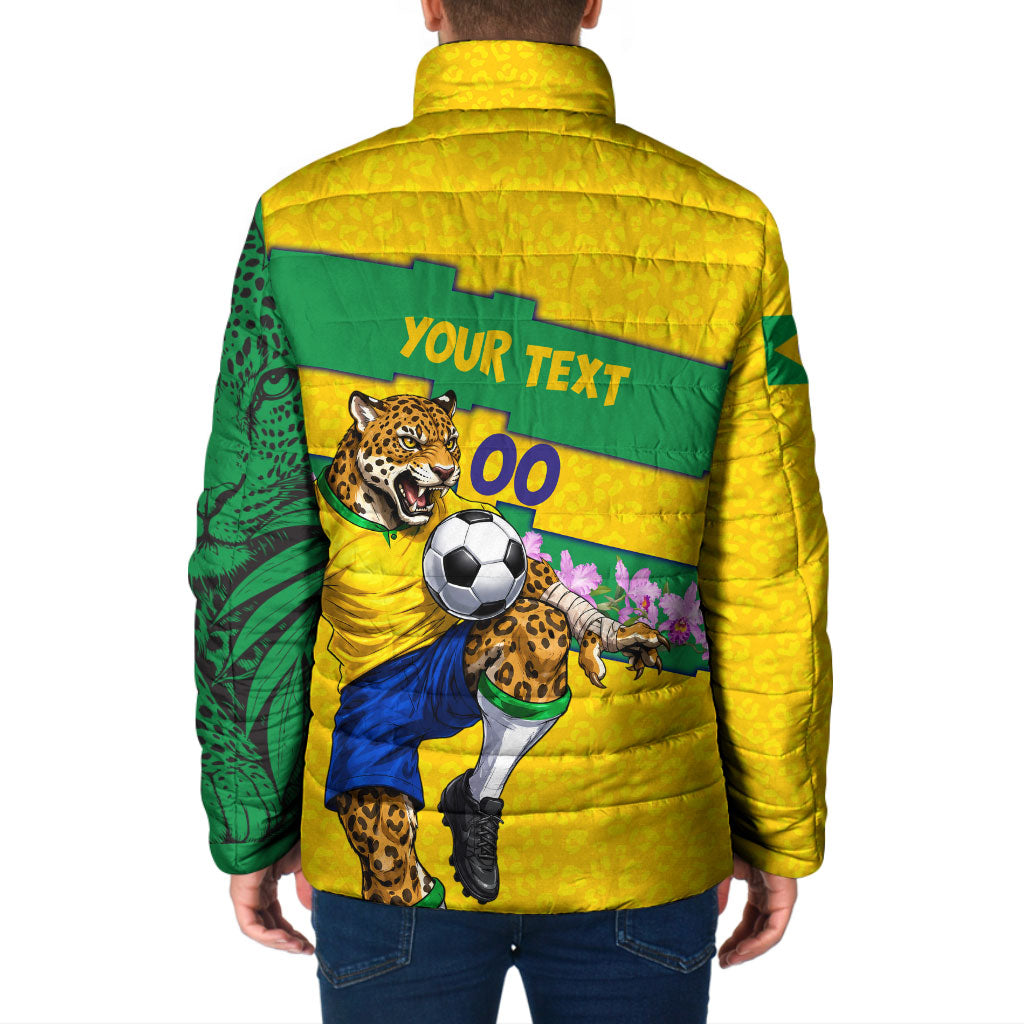Personalized Brazil Soccer Padded Jacket Jaguar Football Mascot - National Flag and Floral Accents