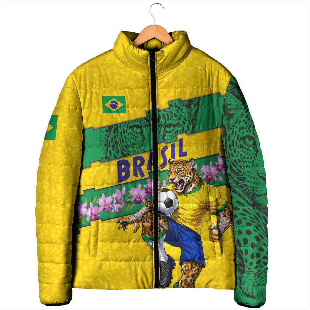 Personalized Brazil Soccer Padded Jacket Jaguar Football Mascot - National Flag and Floral Accents