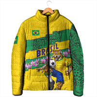 Personalized Brazil Soccer Padded Jacket Jaguar Football Mascot - National Flag and Floral Accents