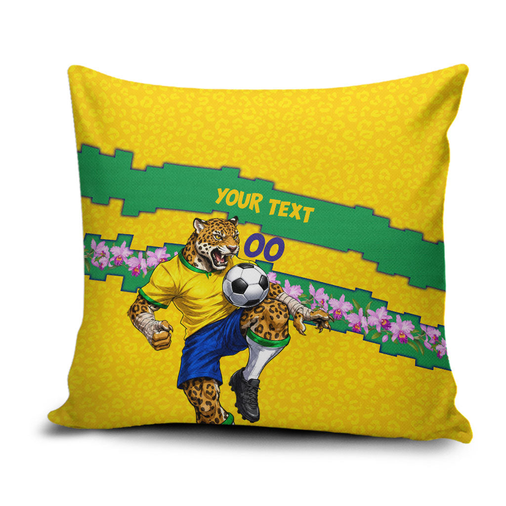 Personalized Brazil Soccer Pillow Cover Jaguar Football Mascot - National Flag and Floral Accents