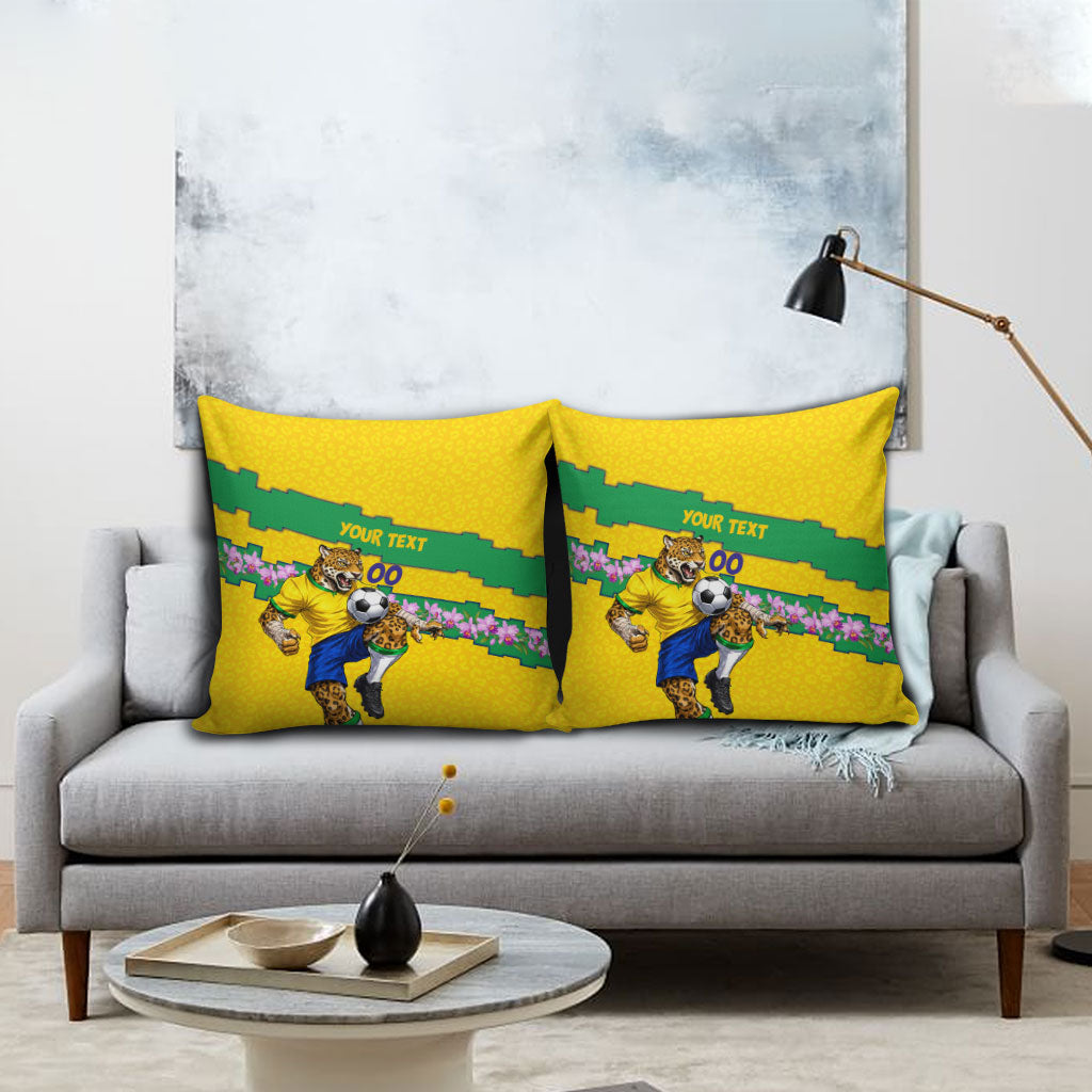 Personalized Brazil Soccer Pillow Cover Jaguar Football Mascot - National Flag and Floral Accents
