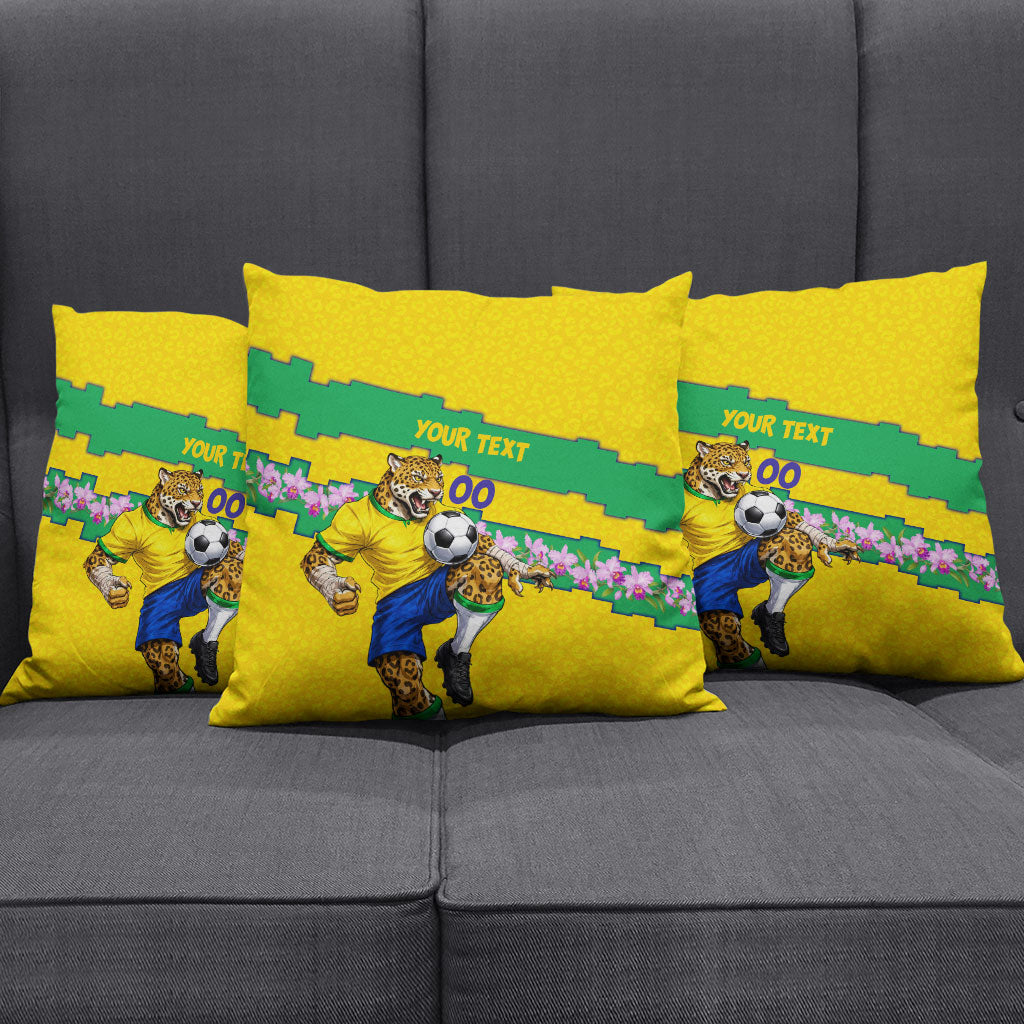 Personalized Brazil Soccer Pillow Cover Jaguar Football Mascot - National Flag and Floral Accents