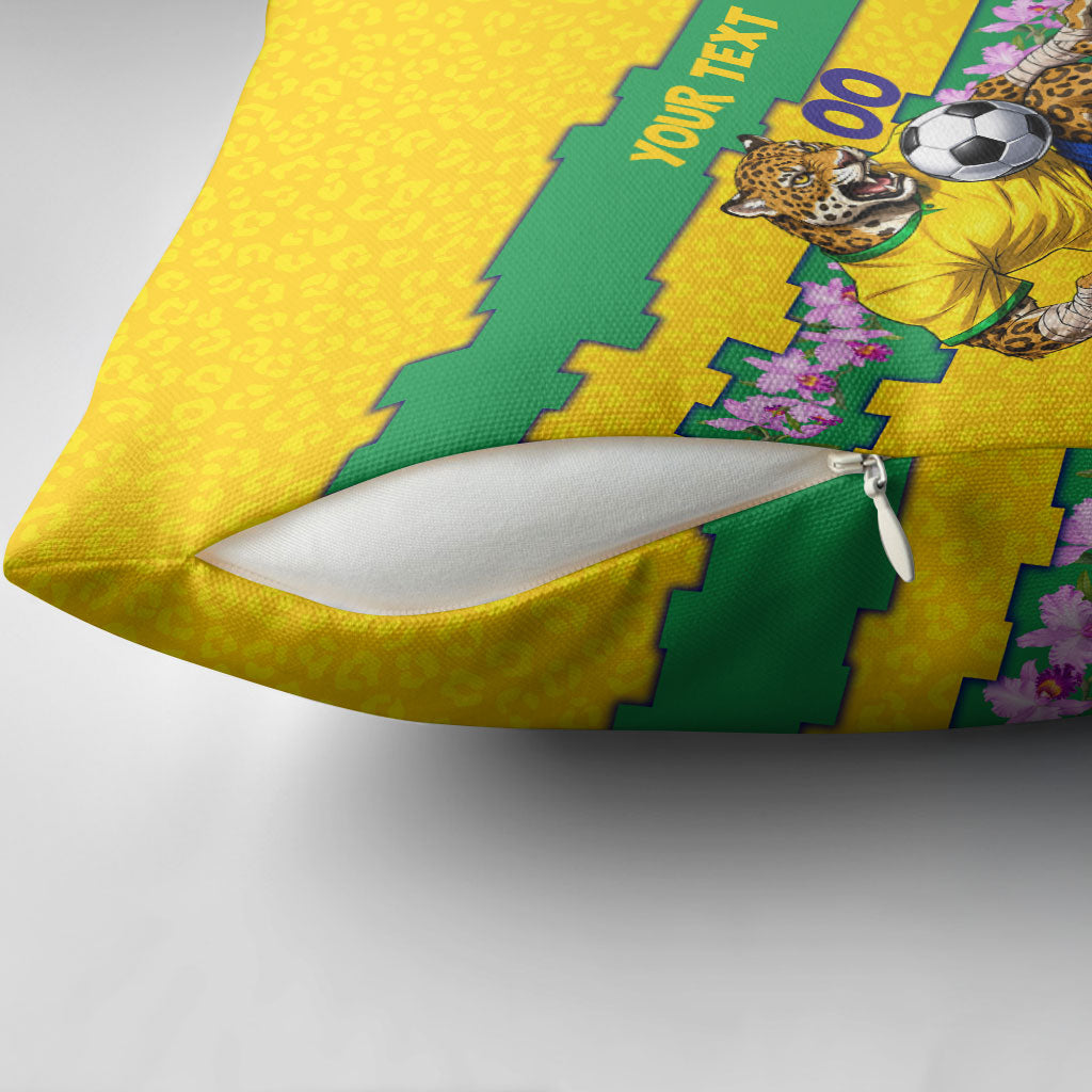 Personalized Brazil Soccer Pillow Cover Jaguar Football Mascot - National Flag and Floral Accents