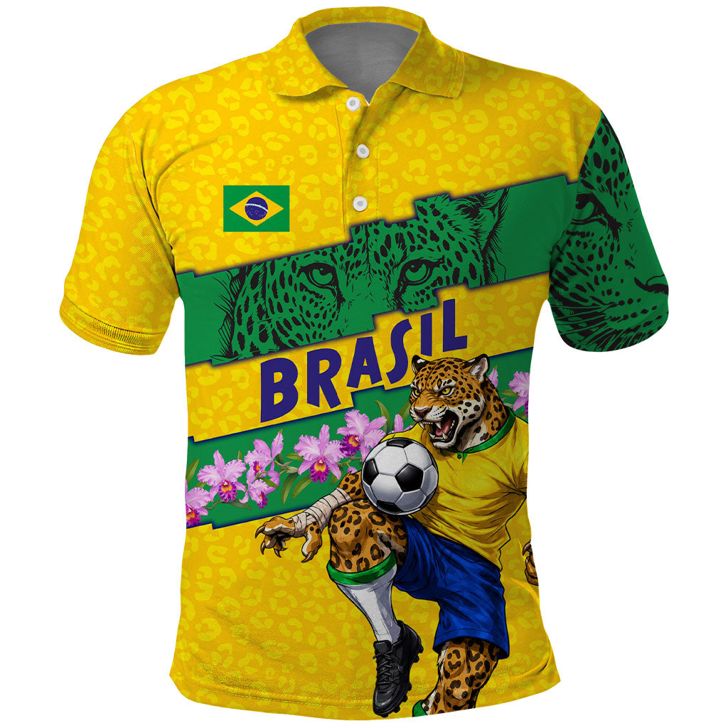 Personalized Brazil Soccer Polo Shirt Jaguar Football Mascot - National Flag and Floral Accents