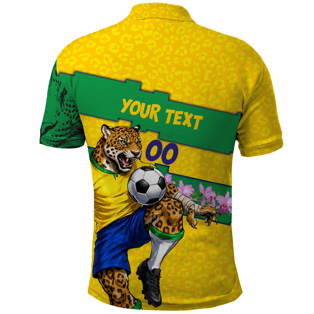 Personalized Brazil Soccer Polo Shirt Jaguar Football Mascot - National Flag and Floral Accents