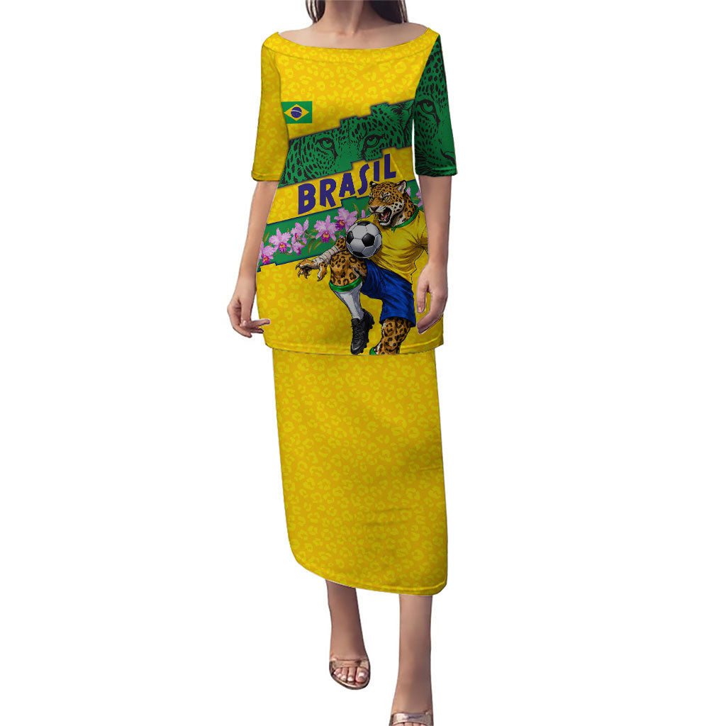 Personalized Brazil Soccer Puletasi Jaguar Football Mascot - National Flag and Floral Accents