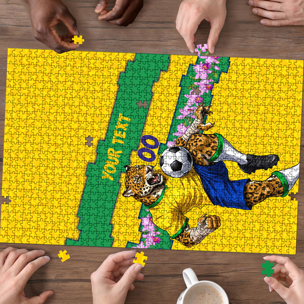 Personalized Brazil Soccer Puzzle Jaguar Football Mascot - National Flag and Floral Accents