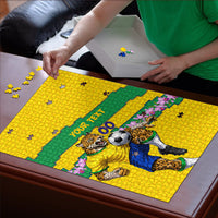 Personalized Brazil Soccer Puzzle Jaguar Football Mascot - National Flag and Floral Accents
