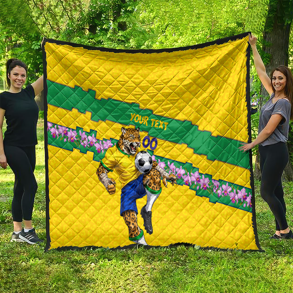 Personalized Brazil Soccer Quilt Jaguar Football Mascot - National Flag and Floral Accents