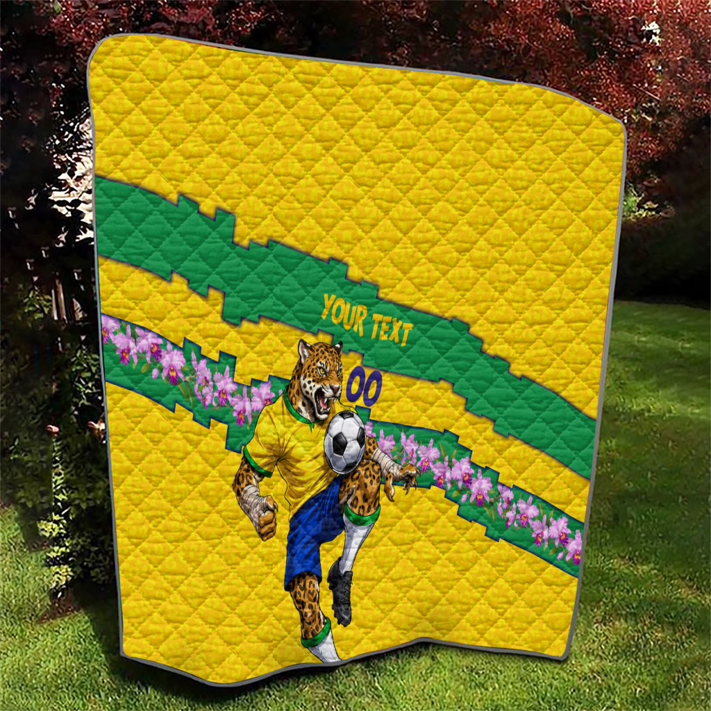 Personalized Brazil Soccer Quilt Jaguar Football Mascot - National Flag and Floral Accents