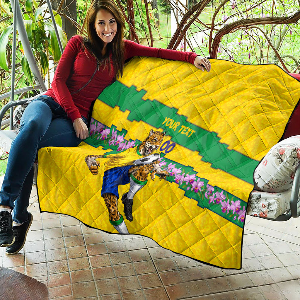 Personalized Brazil Soccer Quilt Jaguar Football Mascot - National Flag and Floral Accents