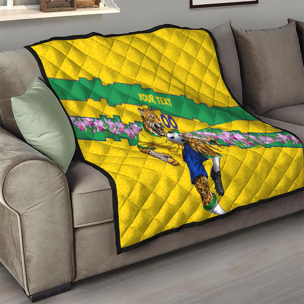 Personalized Brazil Soccer Quilt Jaguar Football Mascot - National Flag and Floral Accents