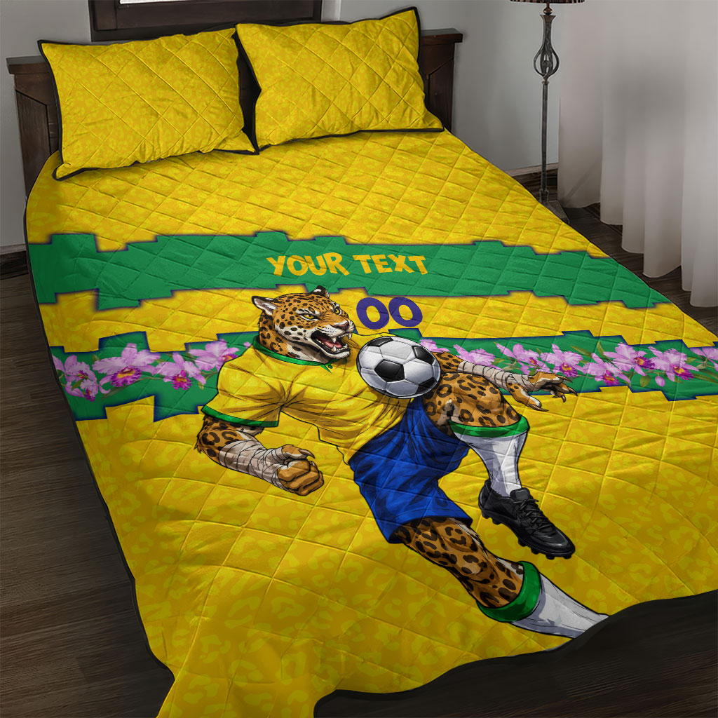 Personalized Brazil Soccer Quilt Bed Set Jaguar Football Mascot - National Flag and Floral Accents
