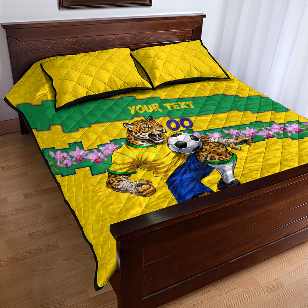 Personalized Brazil Soccer Quilt Bed Set Jaguar Football Mascot - National Flag and Floral Accents