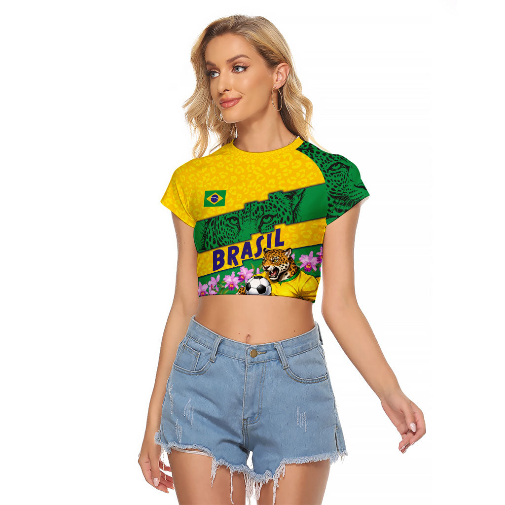 Personalized Brazil Soccer Raglan Cropped T Shirt Jaguar Football Mascot - National Flag and Floral Accents