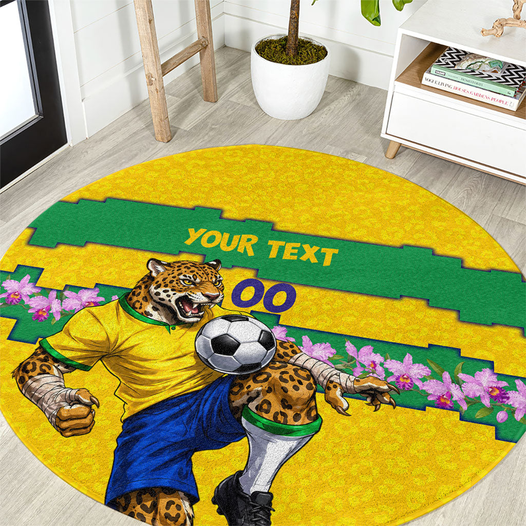 Personalized Brazil Soccer Round Carpet Jaguar Football Mascot - National Flag and Floral Accents