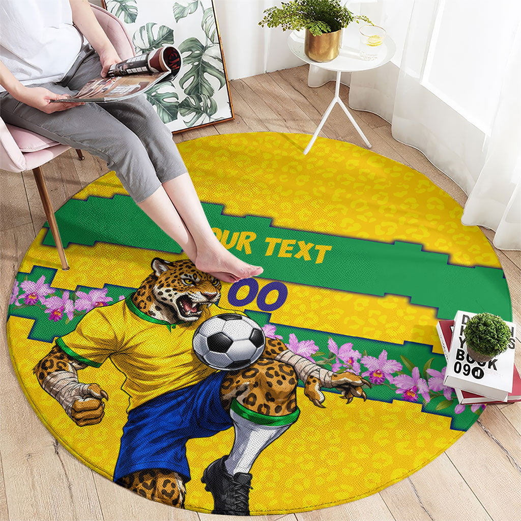 Personalized Brazil Soccer Round Carpet Jaguar Football Mascot - National Flag and Floral Accents