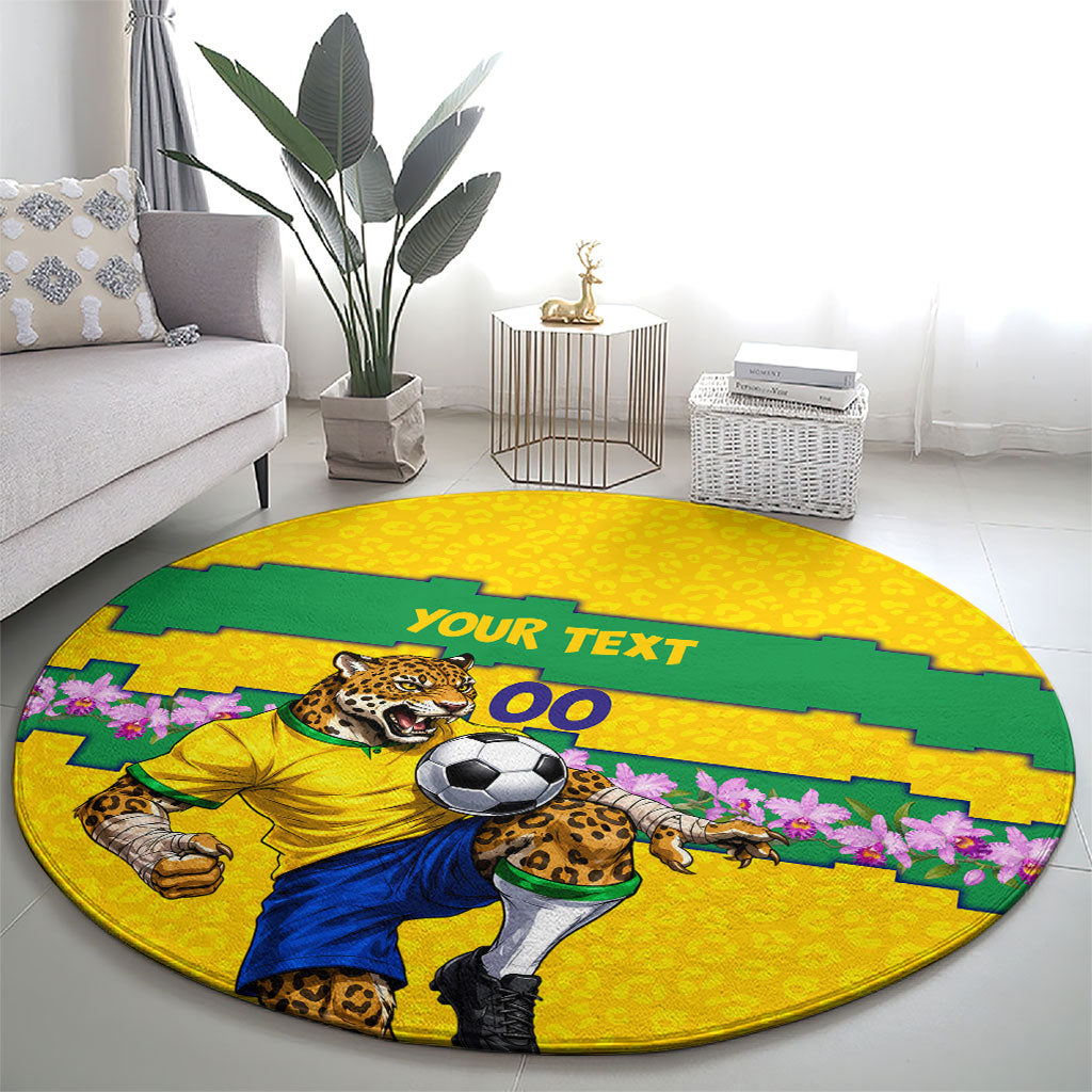 Personalized Brazil Soccer Round Carpet Jaguar Football Mascot - National Flag and Floral Accents