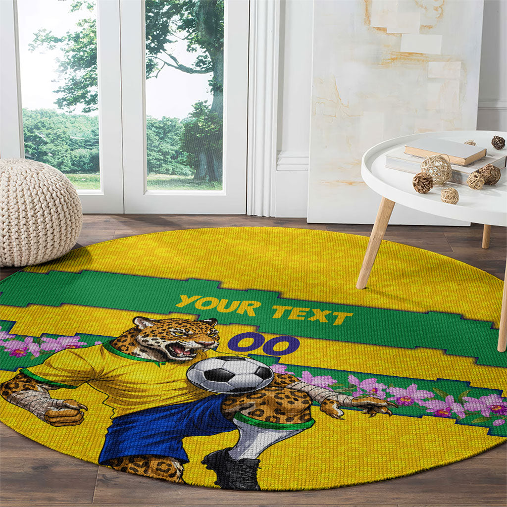 Personalized Brazil Soccer Round Carpet Jaguar Football Mascot - National Flag and Floral Accents