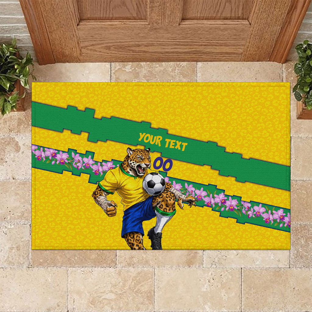 Personalized Brazil Soccer Rubber Doormat Jaguar Football Mascot - National Flag and Floral Accents