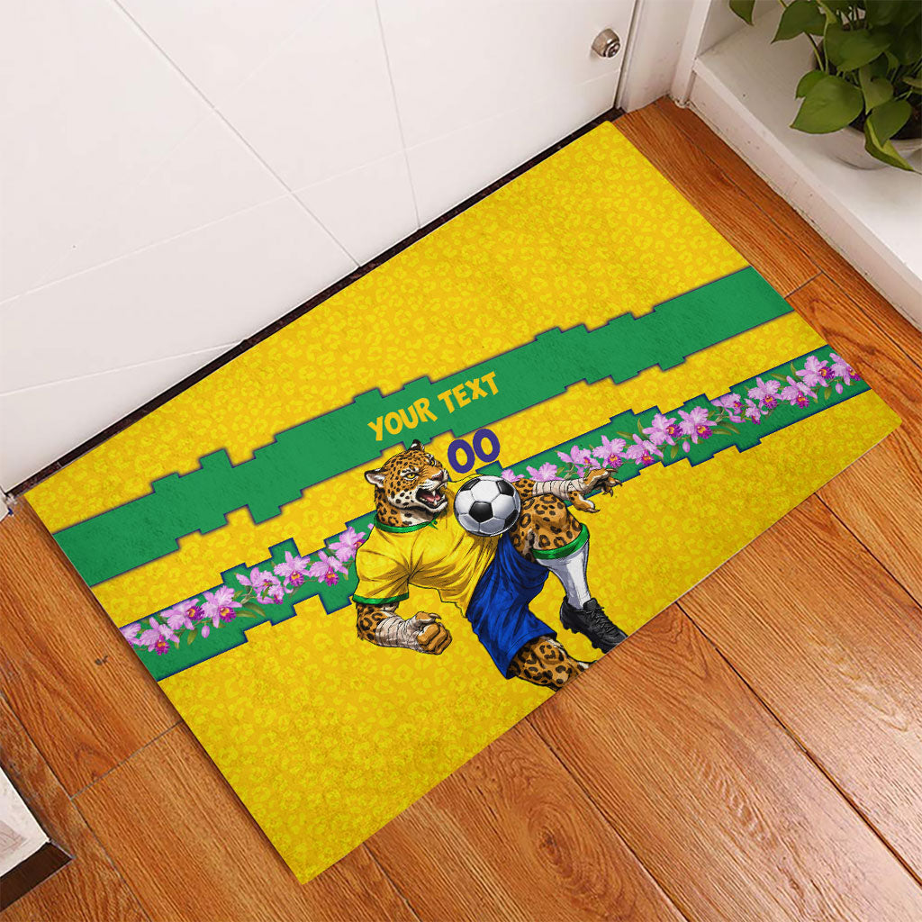 Personalized Brazil Soccer Rubber Doormat Jaguar Football Mascot - National Flag and Floral Accents