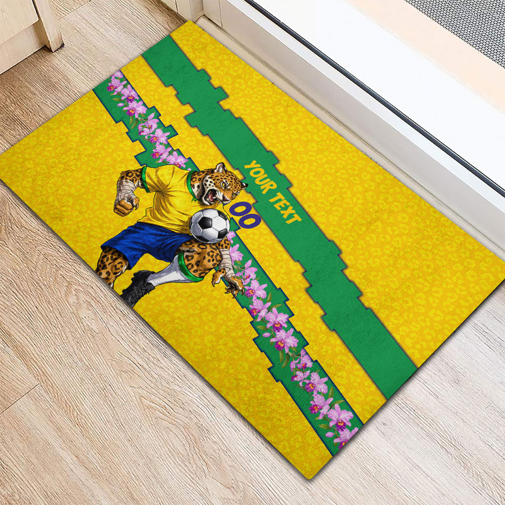 Personalized Brazil Soccer Rubber Doormat Jaguar Football Mascot - National Flag and Floral Accents