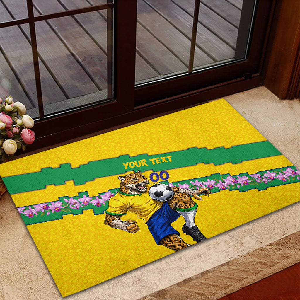 Personalized Brazil Soccer Rubber Doormat Jaguar Football Mascot - National Flag and Floral Accents