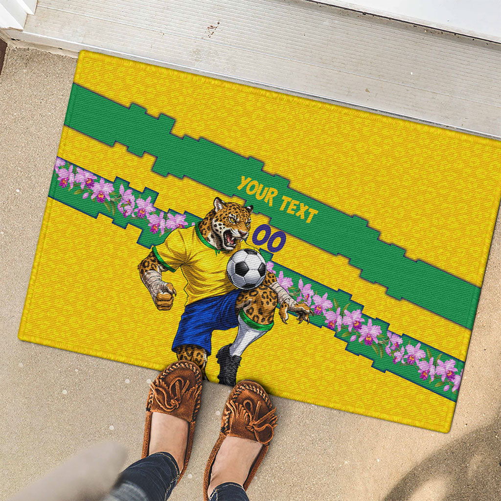 Personalized Brazil Soccer Rubber Doormat Jaguar Football Mascot - National Flag and Floral Accents