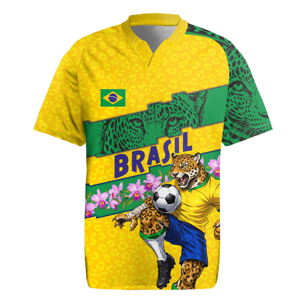 Personalized Brazil Soccer Rugby Jersey Jaguar Football Mascot - National Flag and Floral Accents