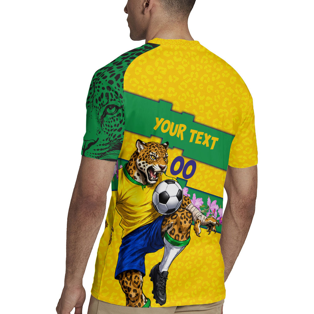 Personalized Brazil Soccer Rugby Jersey Jaguar Football Mascot - National Flag and Floral Accents