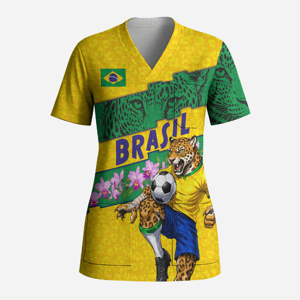 Personalized Brazil Soccer Scrub Top Jaguar Football Mascot - National Flag and Floral Accents