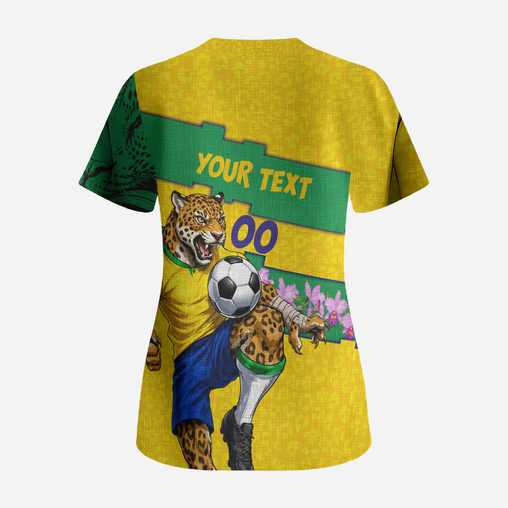 Personalized Brazil Soccer Scrub Top Jaguar Football Mascot - National Flag and Floral Accents