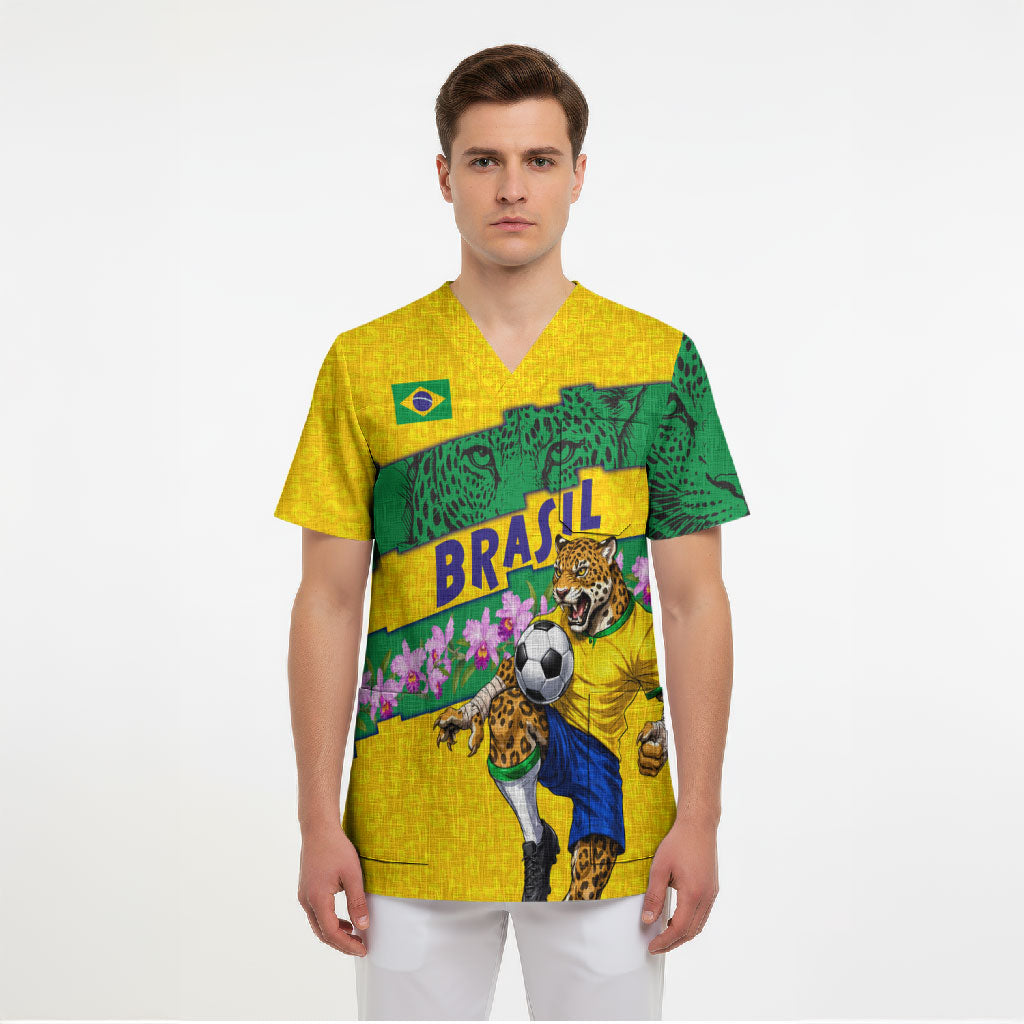 Personalized Brazil Soccer Scrub Top Jaguar Football Mascot - National Flag and Floral Accents