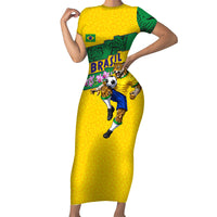 Personalized Brazil Soccer Short Sleeve Bodycon Dress Jaguar Football Mascot - National Flag and Floral Accents