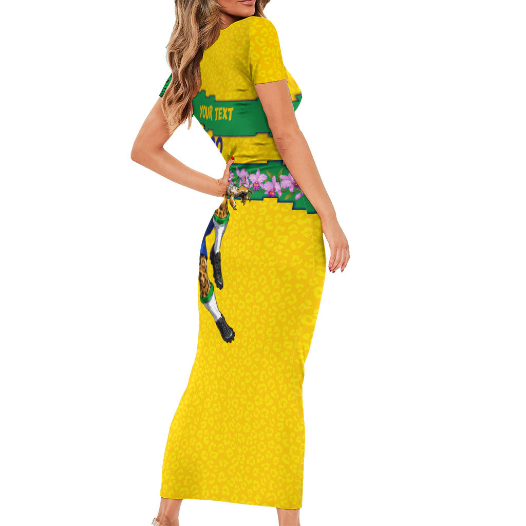 Personalized Brazil Soccer Short Sleeve Bodycon Dress Jaguar Football Mascot - National Flag and Floral Accents