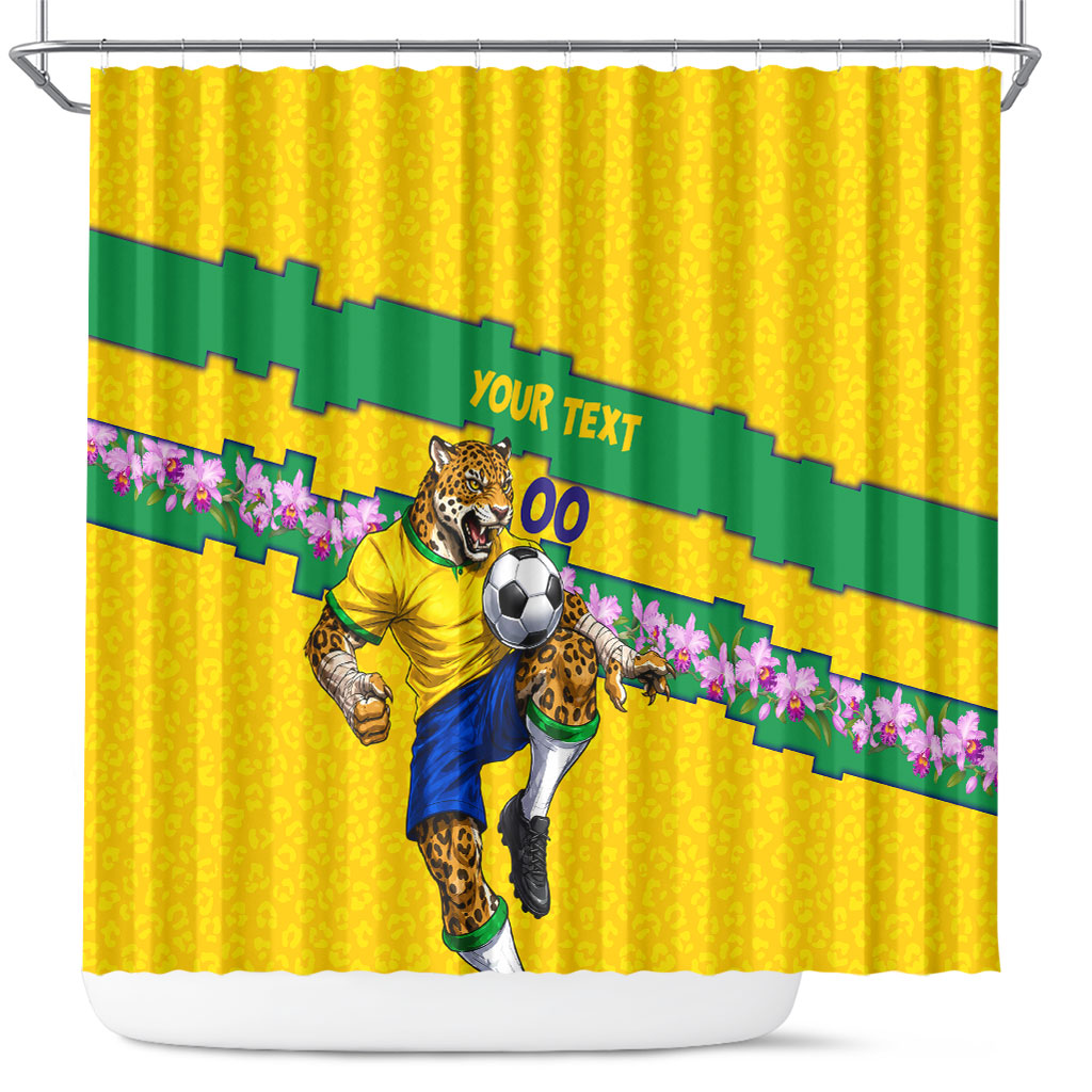 Personalized Brazil Soccer Shower Curtain Jaguar Football Mascot - National Flag and Floral Accents