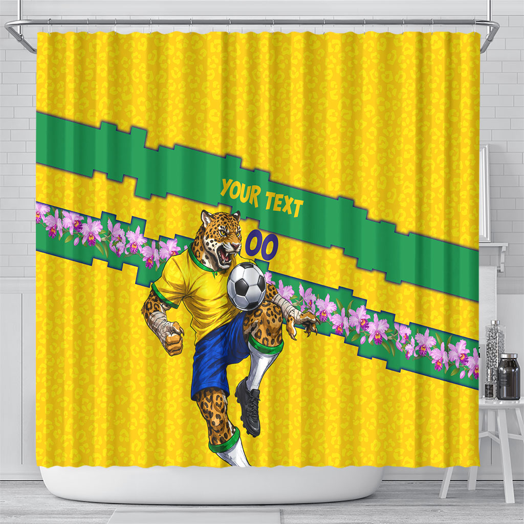 Personalized Brazil Soccer Shower Curtain Jaguar Football Mascot - National Flag and Floral Accents