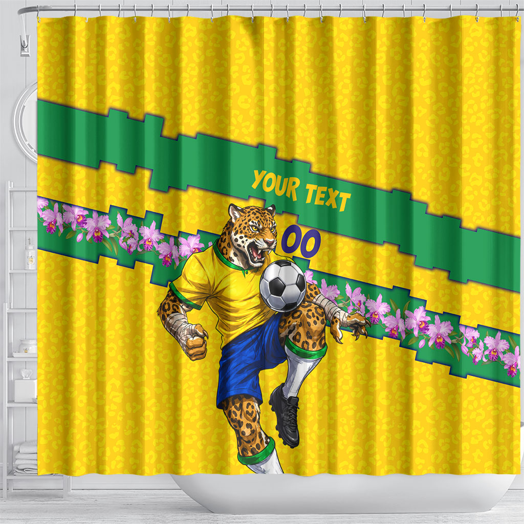 Personalized Brazil Soccer Shower Curtain Jaguar Football Mascot - National Flag and Floral Accents