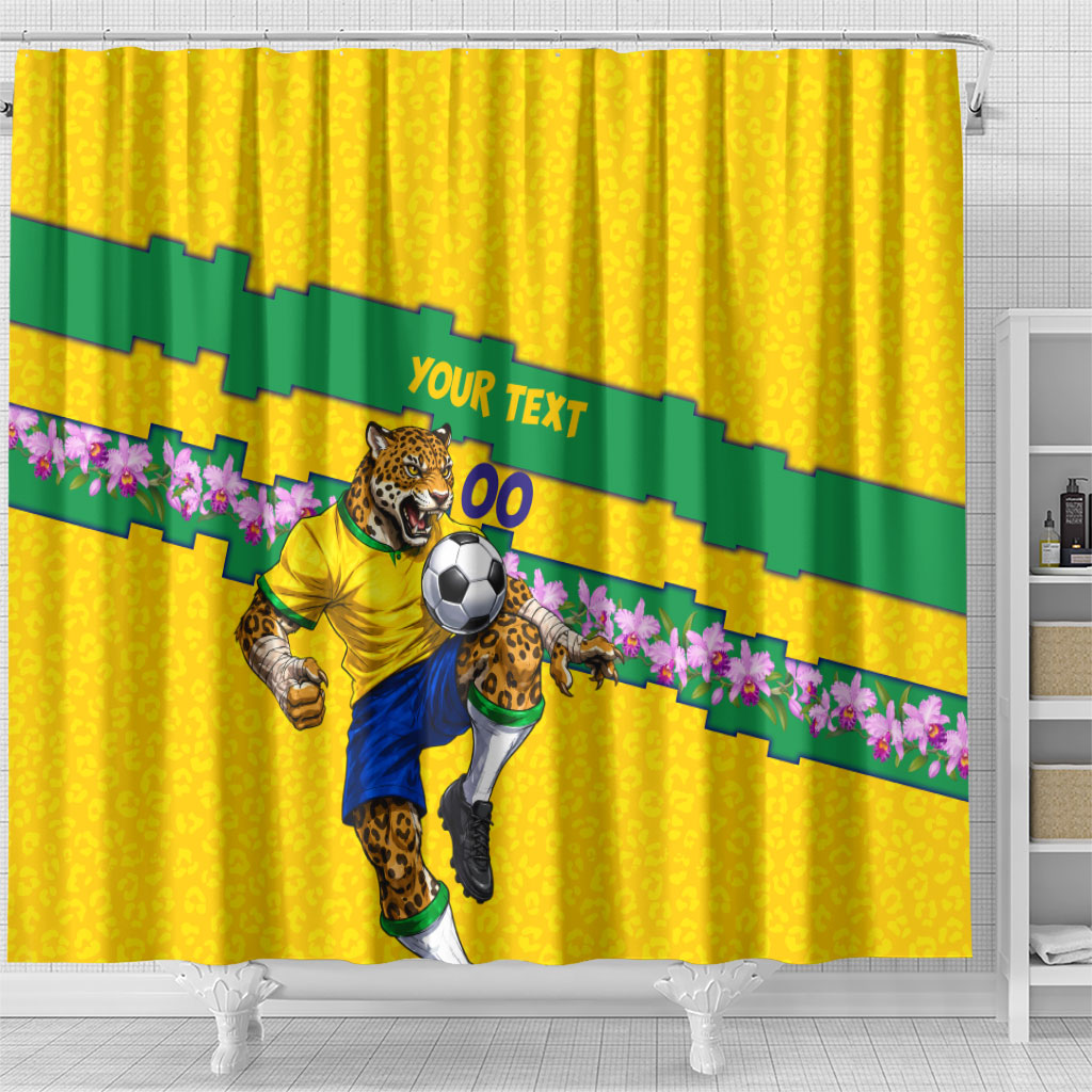 Personalized Brazil Soccer Shower Curtain Jaguar Football Mascot - National Flag and Floral Accents