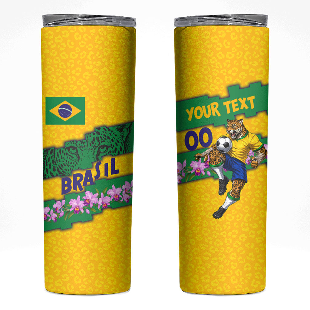 Personalized Brazil Soccer Skinny Tumbler Jaguar Football Mascot - National Flag and Floral Accents